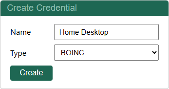 Creating a BOINC credential on the API Credentials page