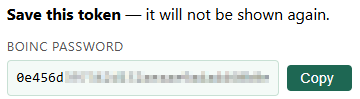 BOINC credential created, showing the generated password