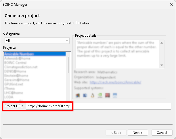 BOINC Manager Add Project dialog with project URL filled in